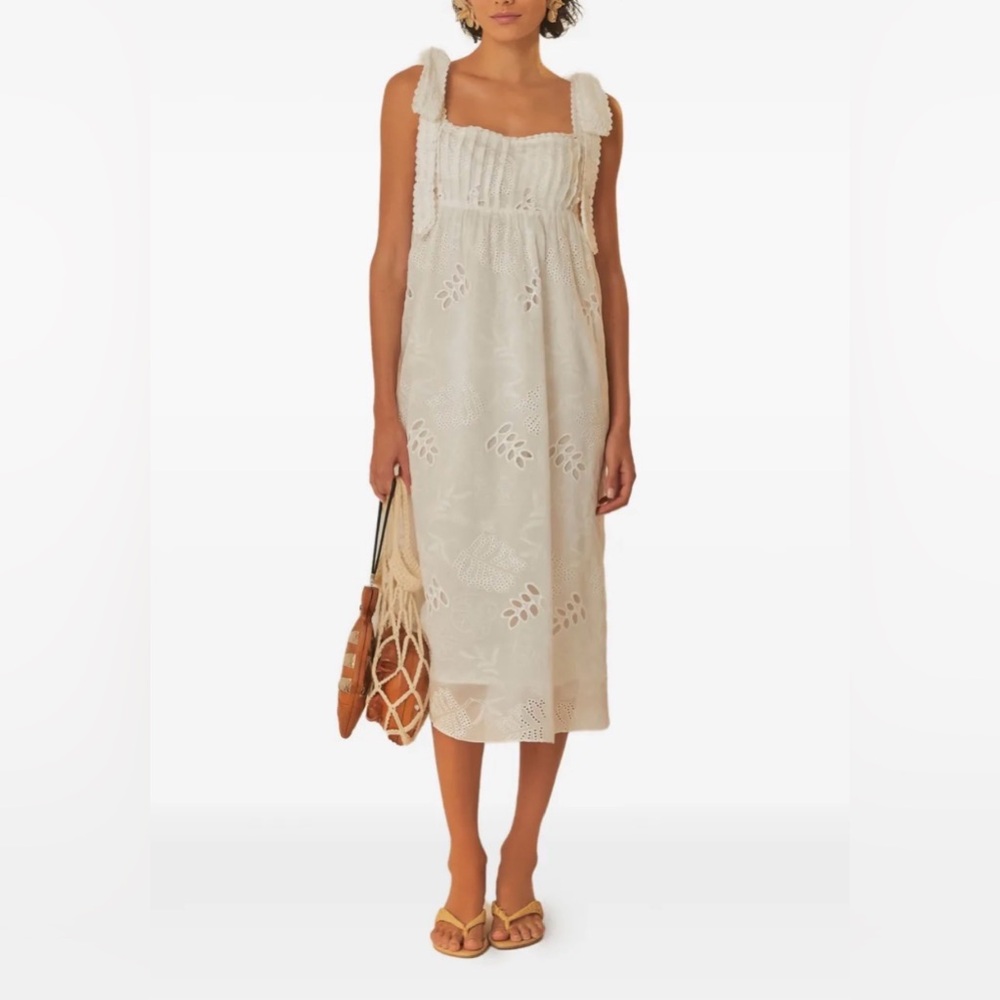 NWOT Farm Rio Eyelet Embroidered Ties-Shoulder Midi Dress, Medium